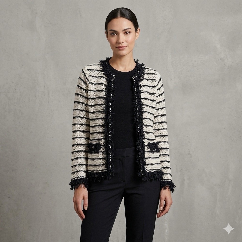 Foxcroft Cardigan Sweater Women's‎ Petite Large Ivory Black Striped Fringe Knit